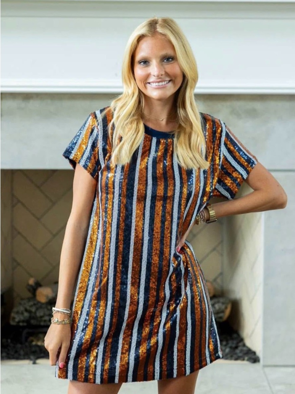 Mary Square Julia Dress in a navy and orange sequined striped pattern NWT